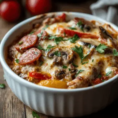 Low carb crustless pizza bowl with melted cheese and meat