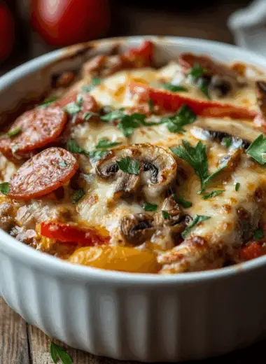 Low carb crustless pizza bowl with melted cheese and meat