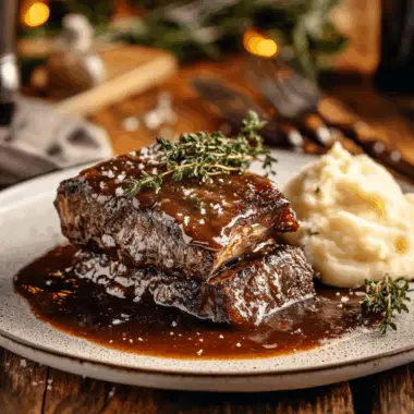 short ribs Instant Pot plated with gravy and mashed potatoes