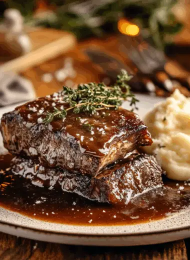 short ribs Instant Pot plated with gravy and mashed potatoes