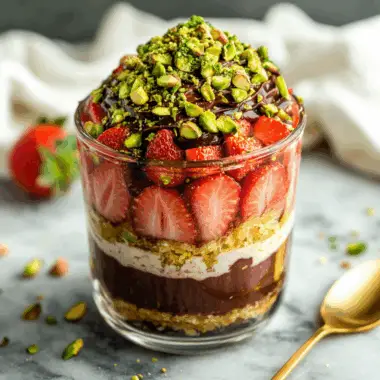 Dubai chocolate strawberry dessert layered in glass jar