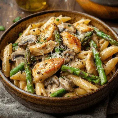 Creamy mushroom and asparagus chicken penne in ceramic bowl