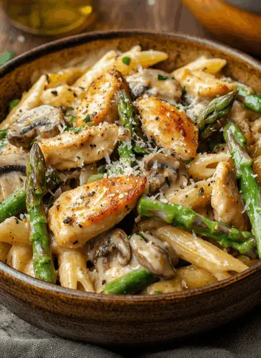 Creamy mushroom and asparagus chicken penne in ceramic bowl