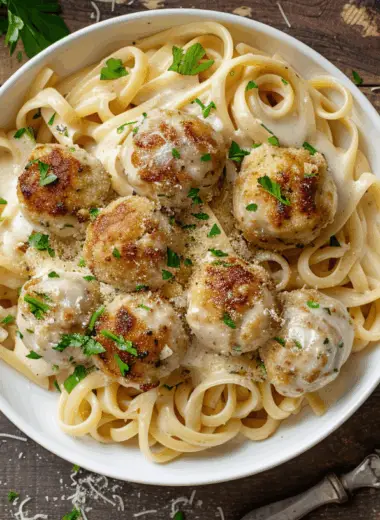 Garlic butter chicken balls with creamy parmesan pasta