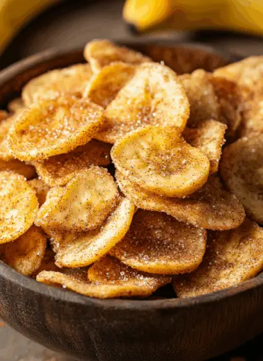 cinnamon sugar air fryer banana chips in bowl