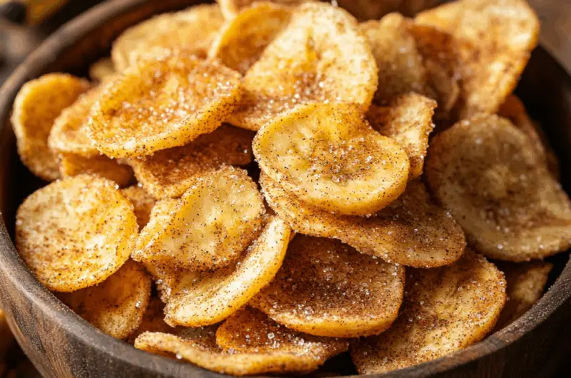 cinnamon sugar air fryer banana chips in bowl