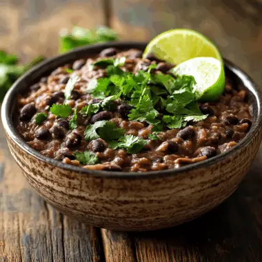 Refried black beans in rustic bowl