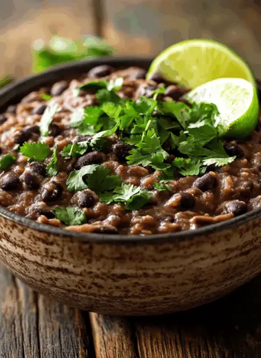 Refried black beans in rustic bowl