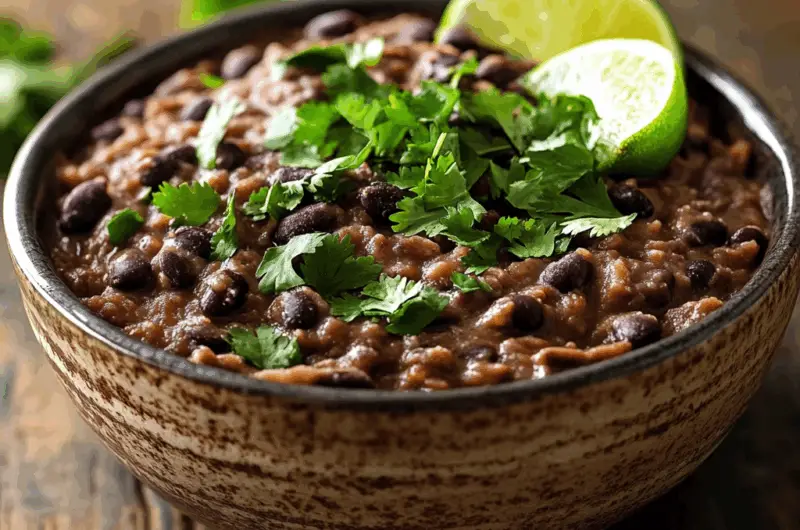 Refried black beans in rustic bowl
