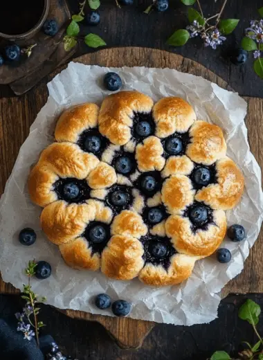 Blueberry cloud bread on parchment with rustic backdrop