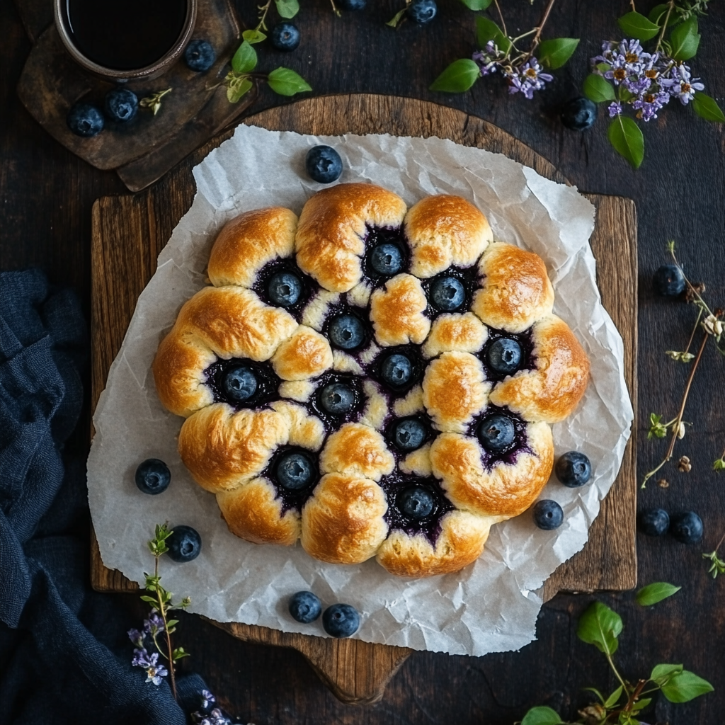 Blueberry cloud bread on parchment with rustic backdrop
