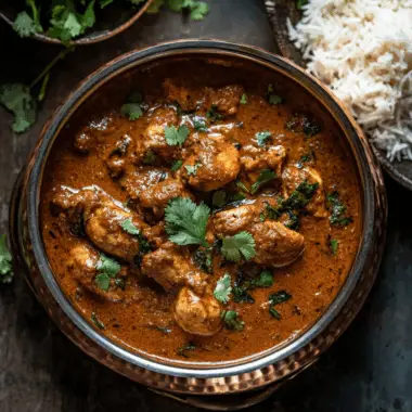 Hyderabadi chicken curry served in traditional copper bowl