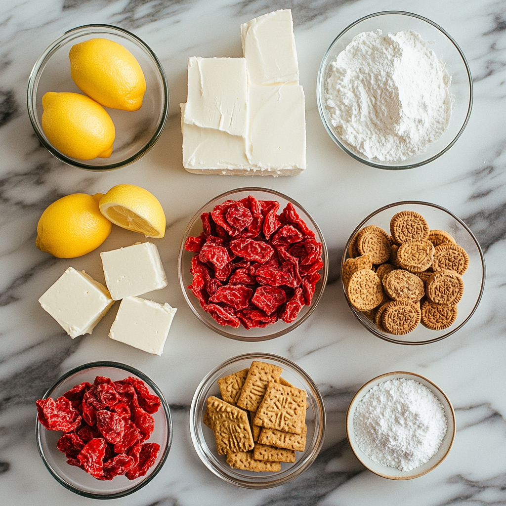 Ingredients for berrylicious strawberry crunch cheesecake