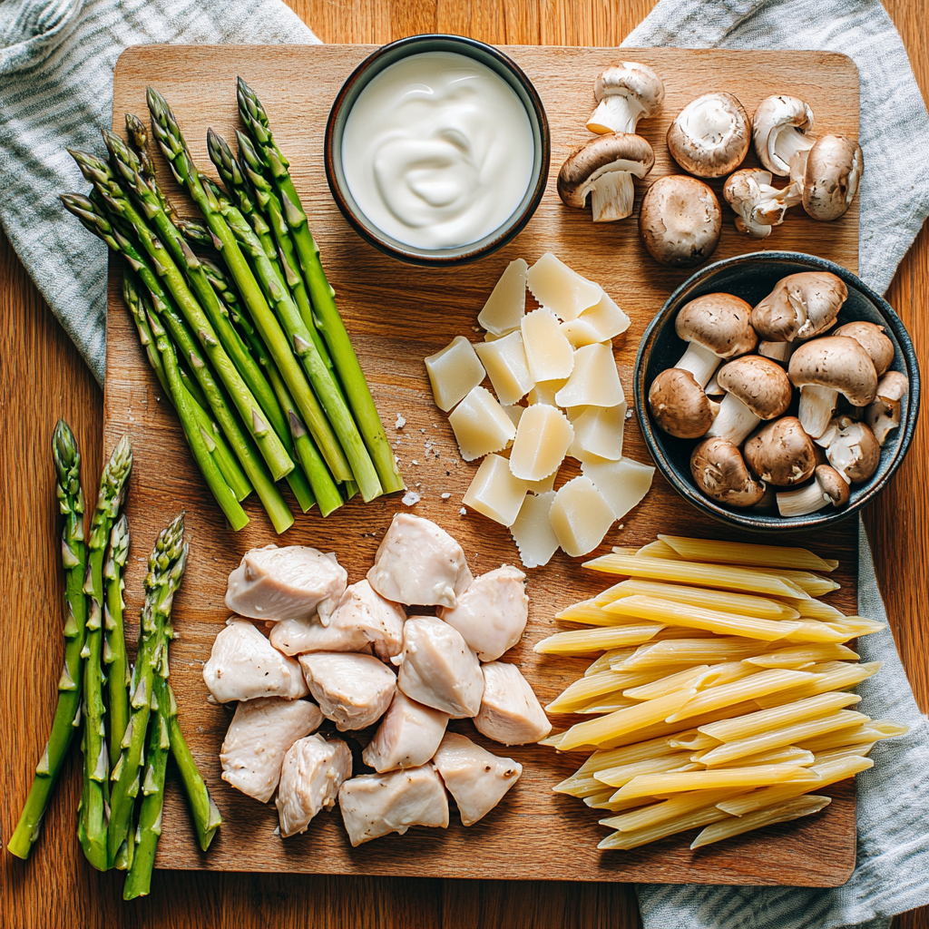 Ingredients for creamy mushroom and asparagus chicken penne