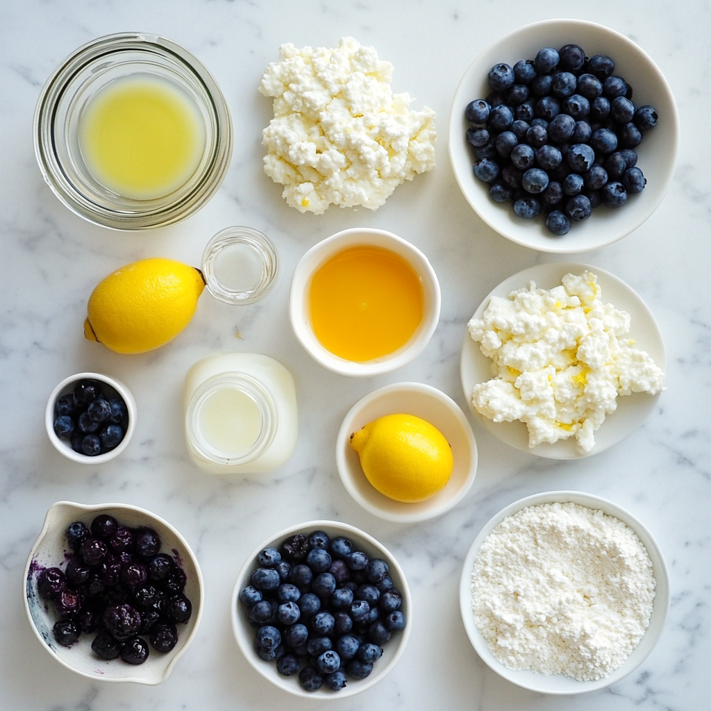 Ingredients for blueberry cloud bread on marble counter