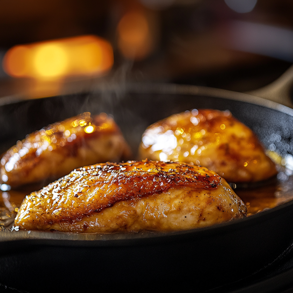 Chicken searing in skillet for honey pepper recipe