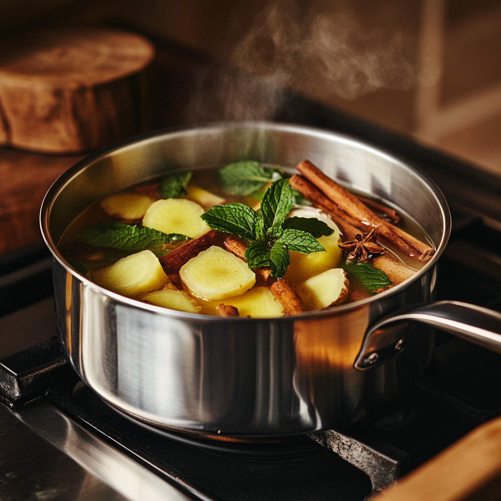 Brewing Costa Rican tea in saucepan