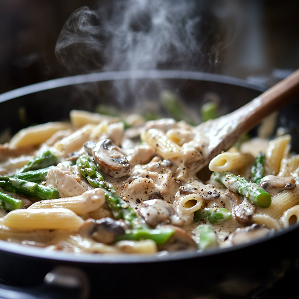 Stirring creamy mushroom and asparagus chicken penne in skillet