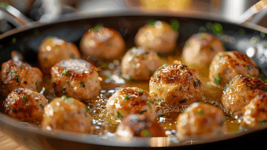 Searing garlic butter chicken balls in skillet