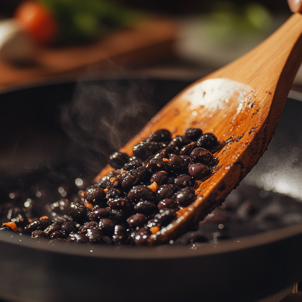 Mashing refried black beans in skillet