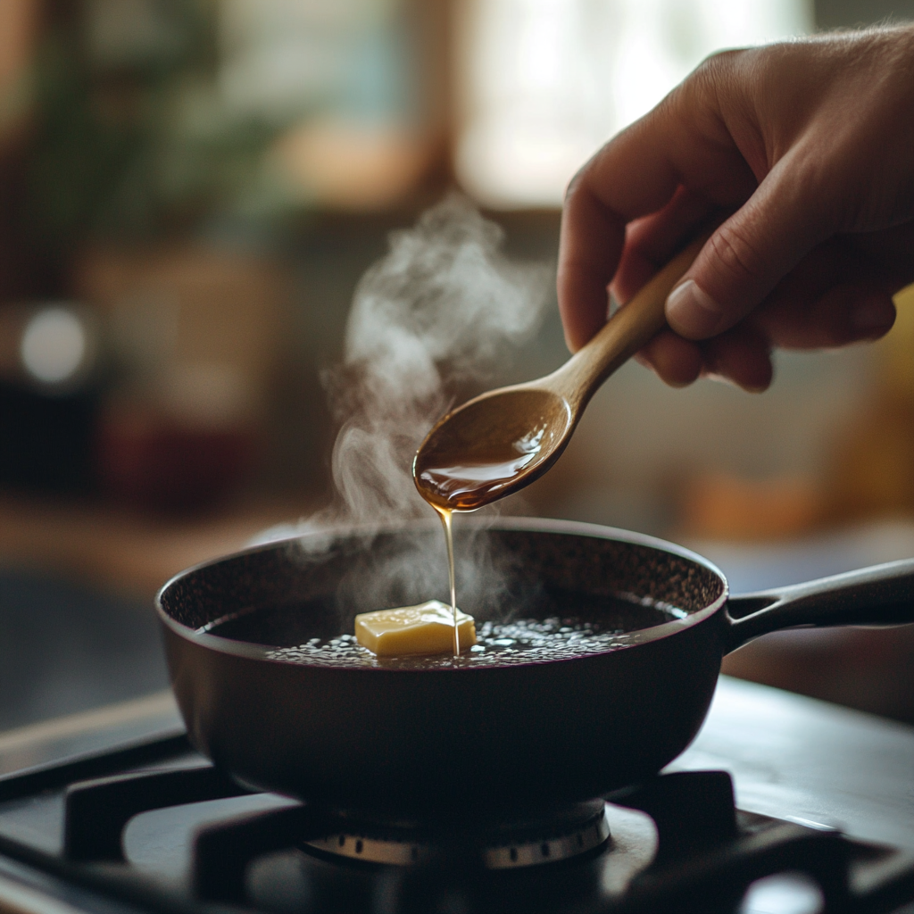 stirring butter into prune juice on stove