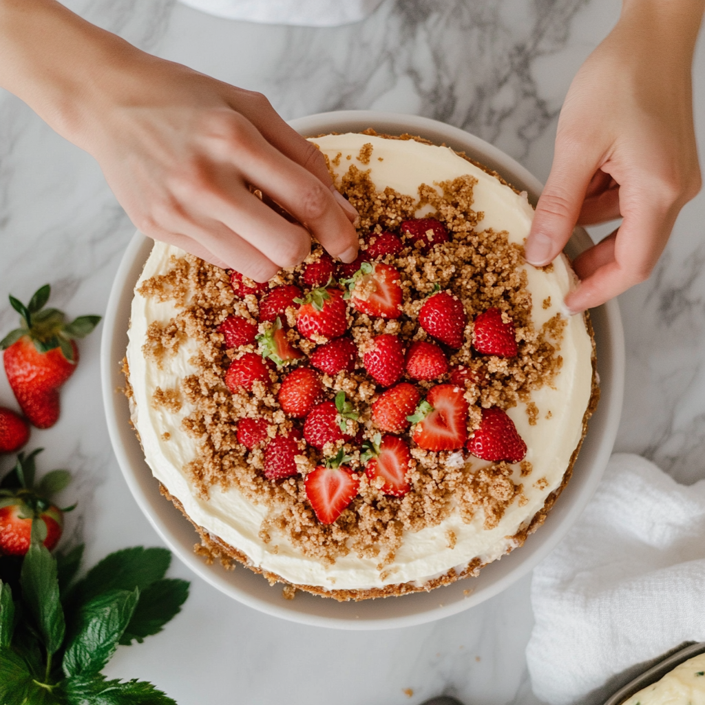 Topping berrylicious strawberry crunch cheesecake