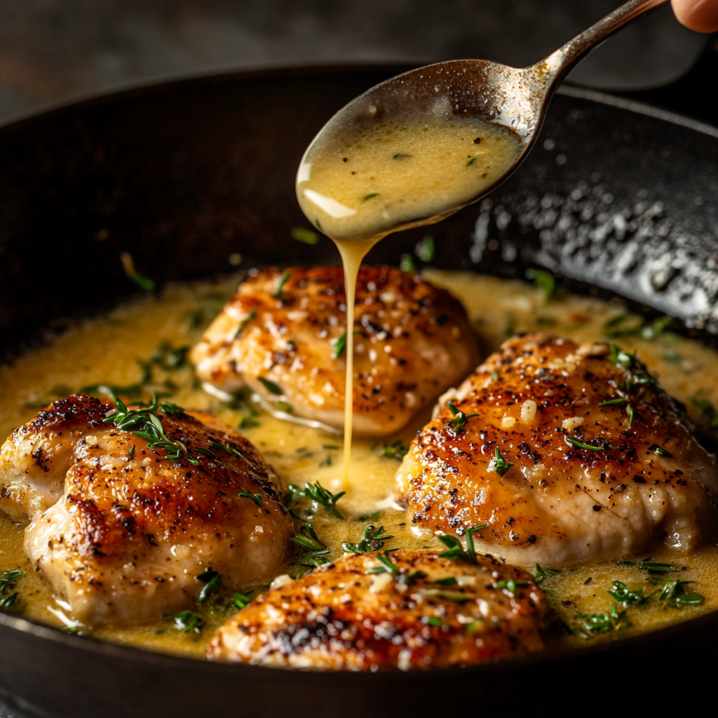 Chicken frying in skillet for Texas Roadhouse butter chicken
