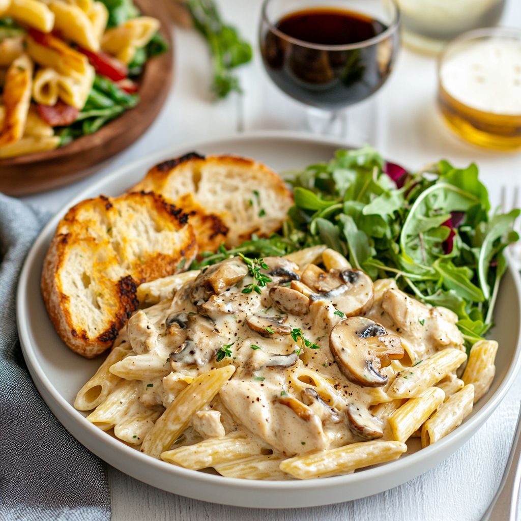 Creamy mushroom and asparagus chicken penne served with garlic bread