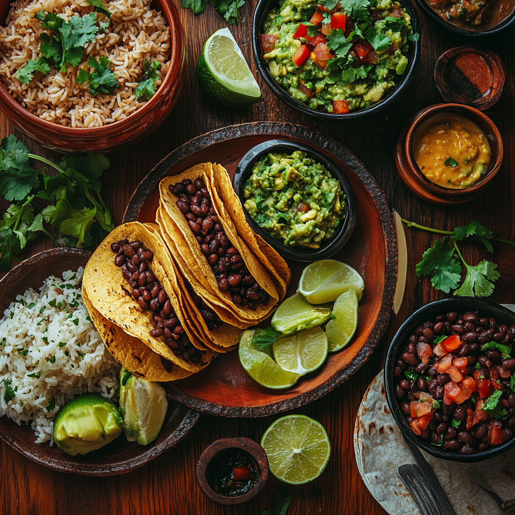 Refried black beans with tacos and rice