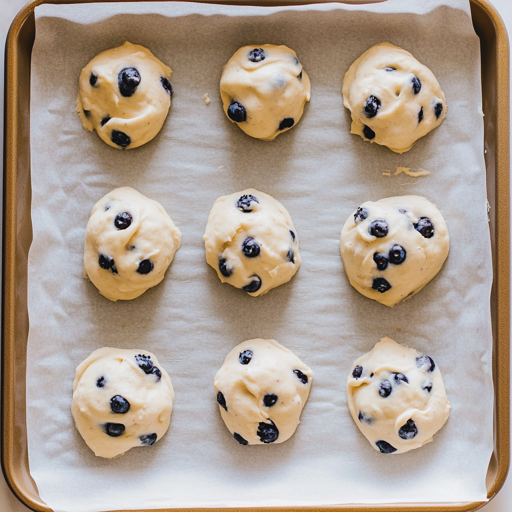 Raw blueberry cloud bread scoops on tray