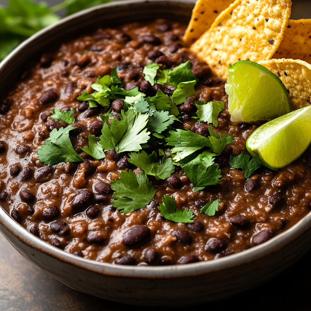 served refried black beans bowl