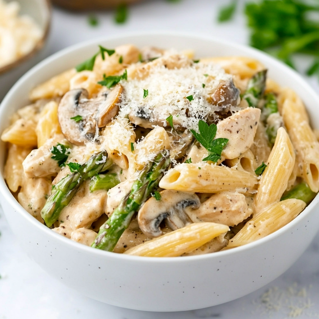 Final dish of creamy mushroom and asparagus chicken penne