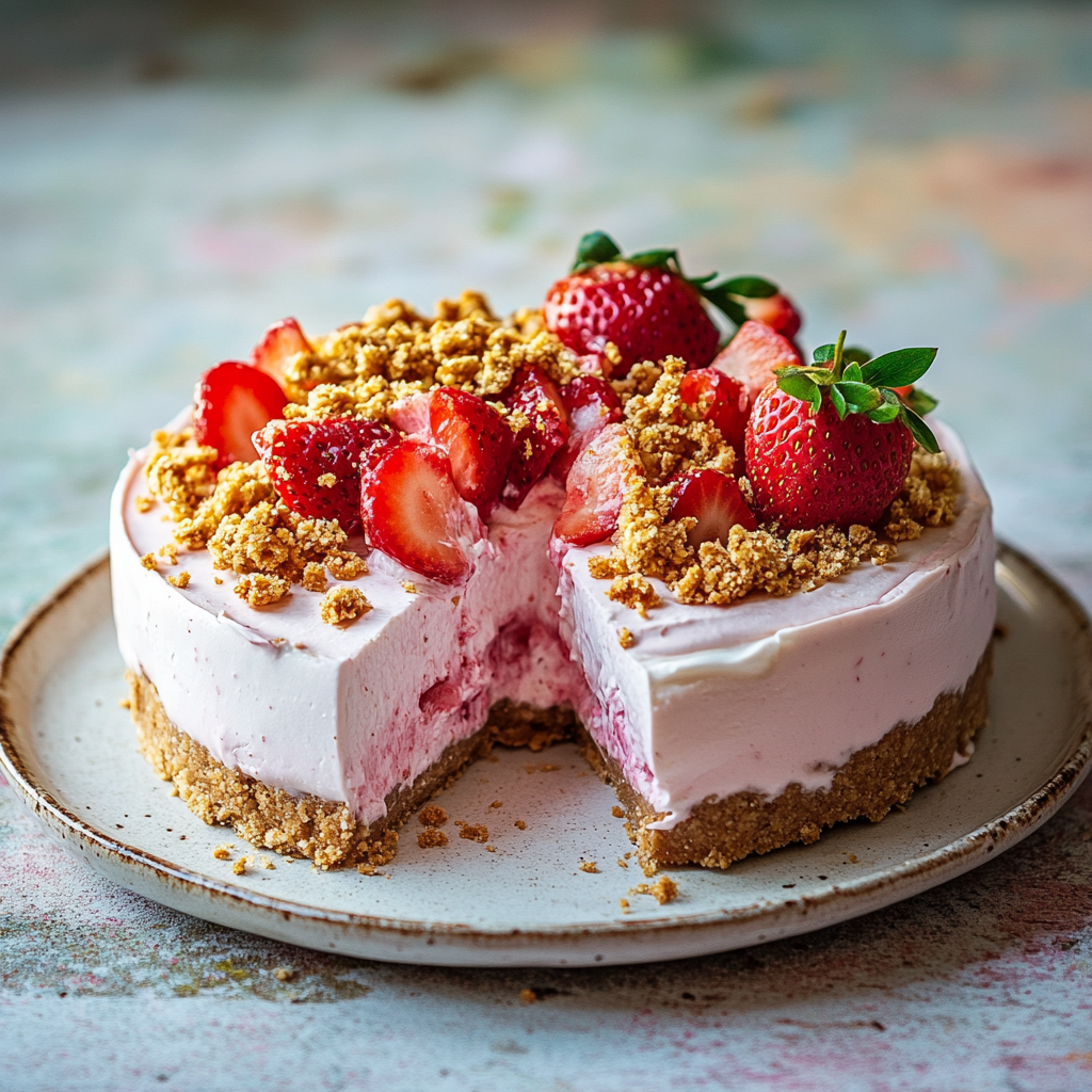 recipe card Berrylicious strawberry crunch cheesecake