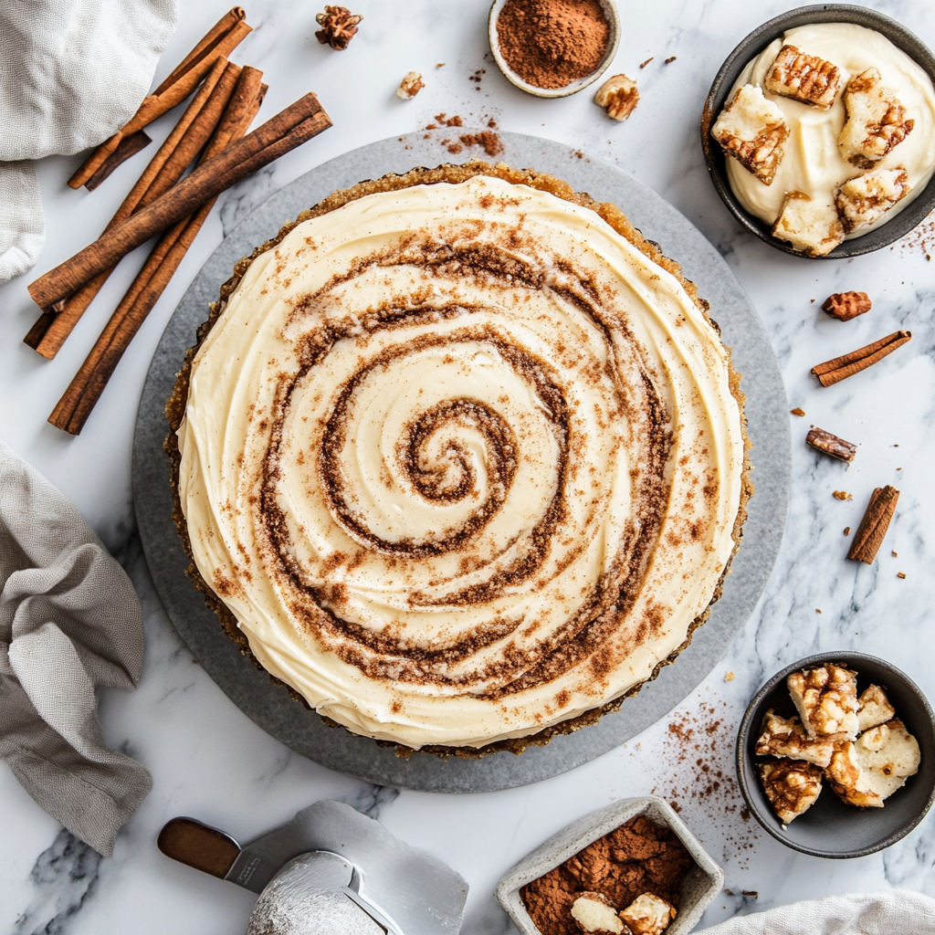 Full cinnamon roll honeybun cheesecake with ingredients