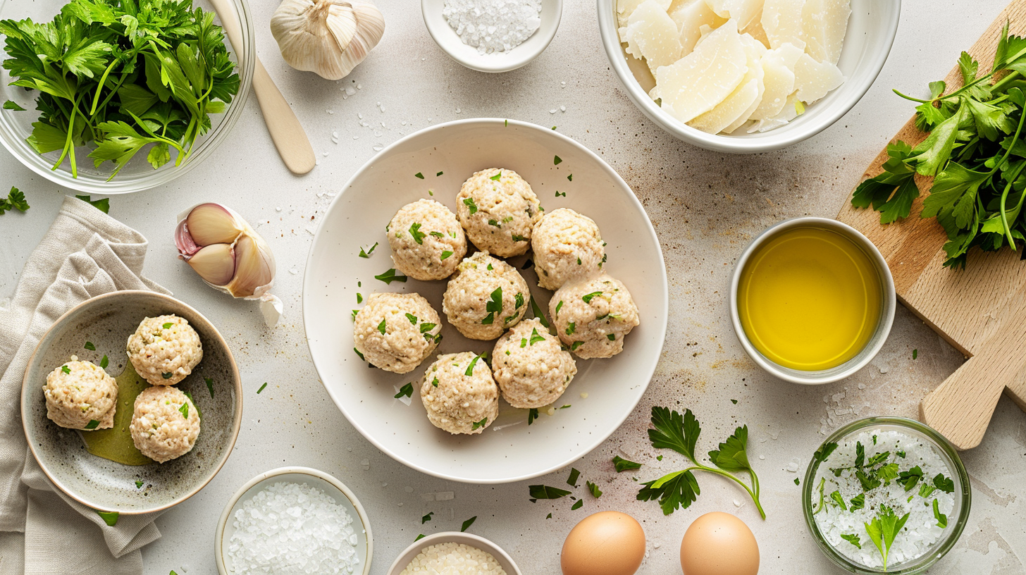 Garlic butter chicken balls recipe card layout