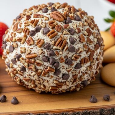 chocolate chip cheese ball on serving board