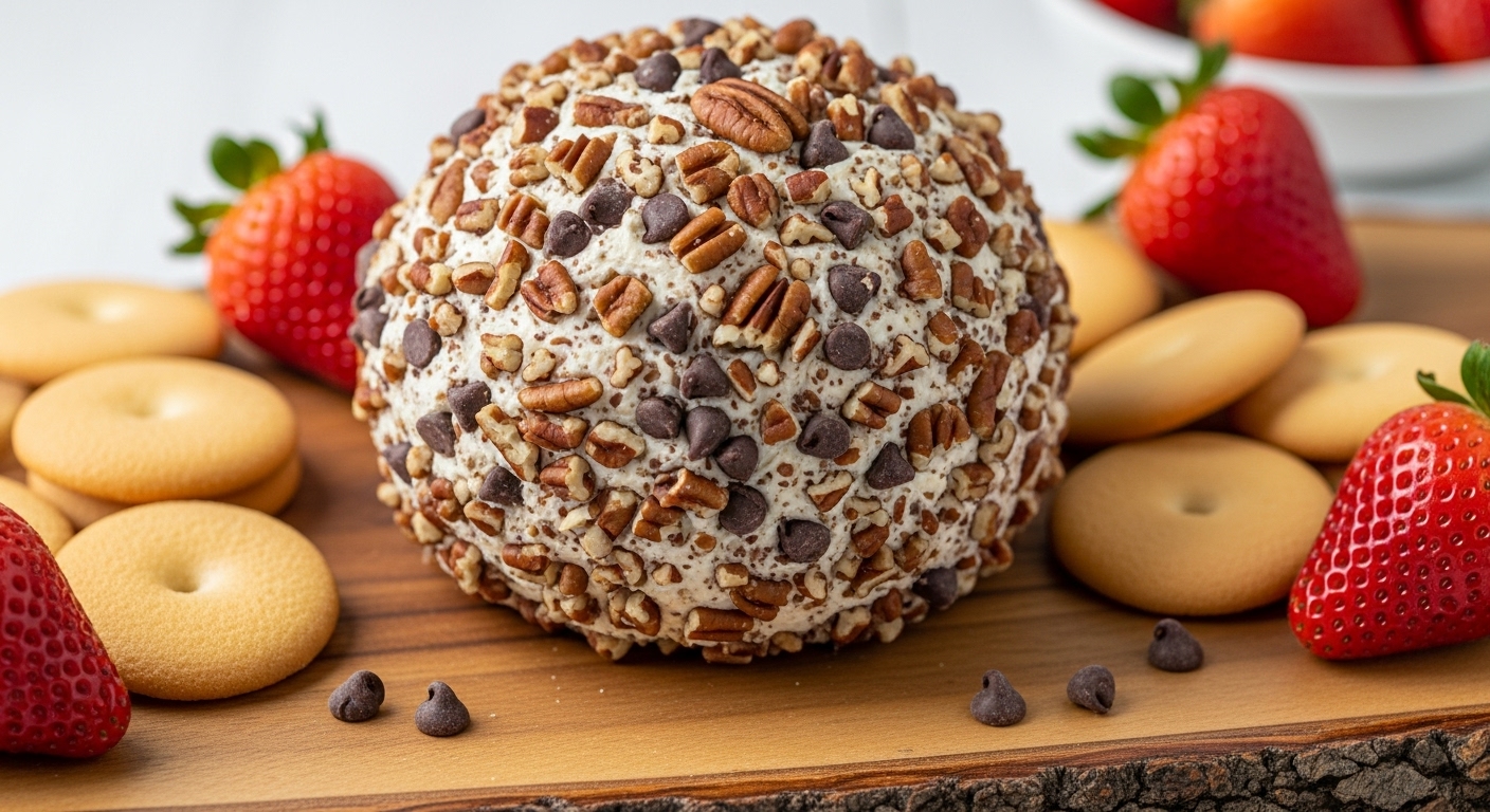 chocolate chip cheese ball on serving board