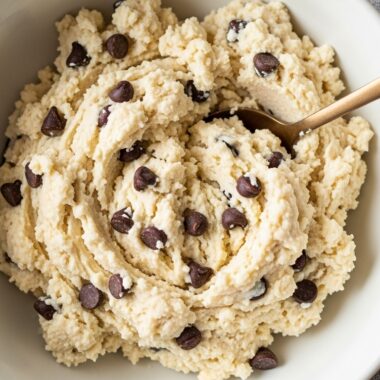 cottage cheese cookie dough in bowl with chocolate chips