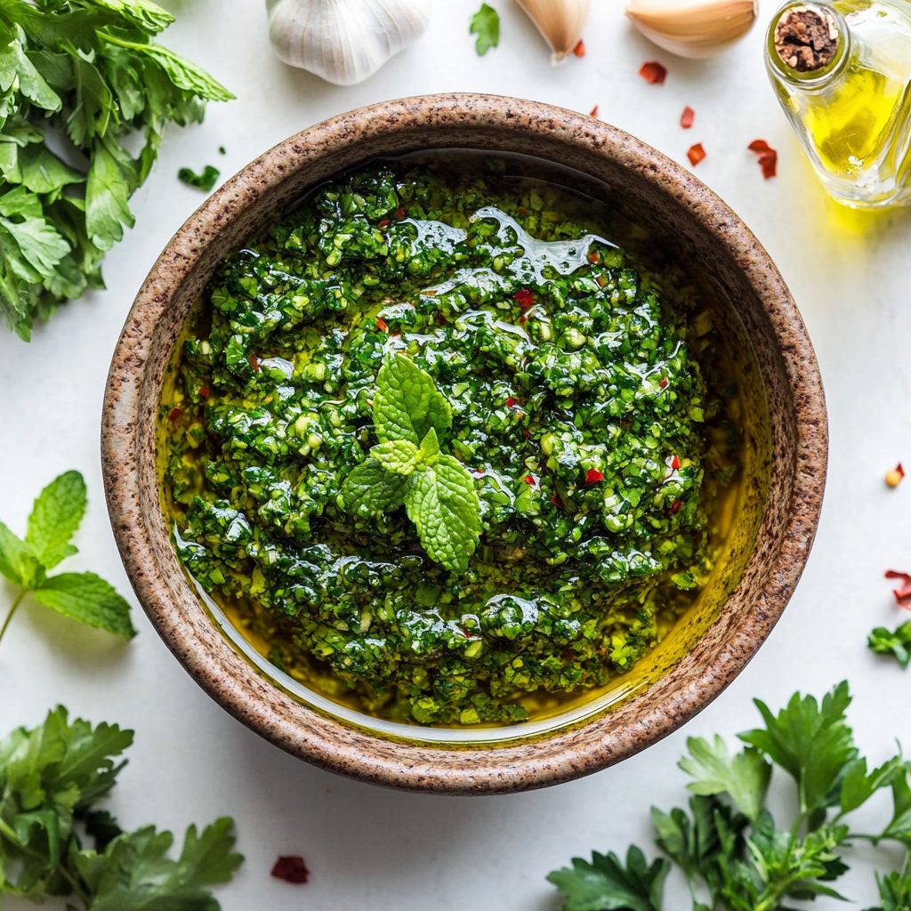 Fresh mint chimichurri sauce in ceramic bowl with ingredients on marble countertop