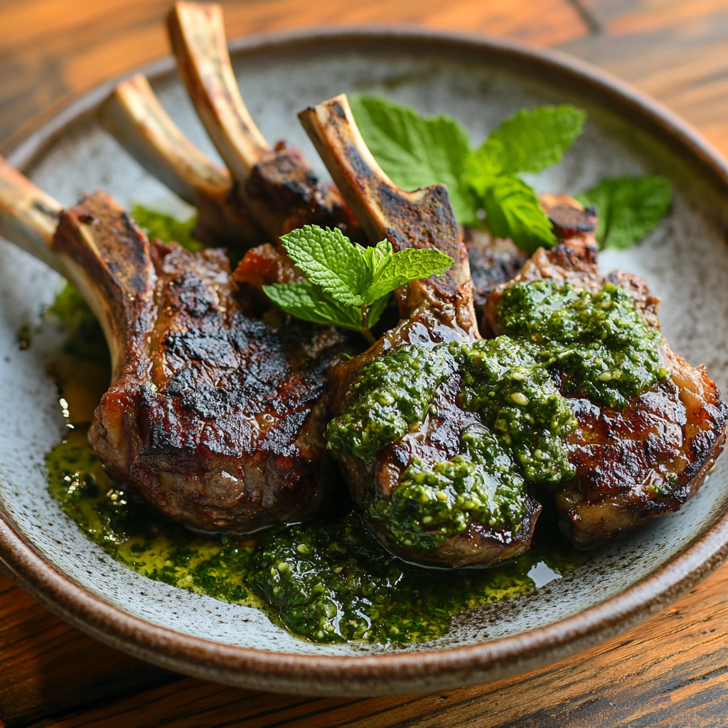 Grilled lamb chops with mint chimichurri sauce on ceramic plate garnished with fresh mint