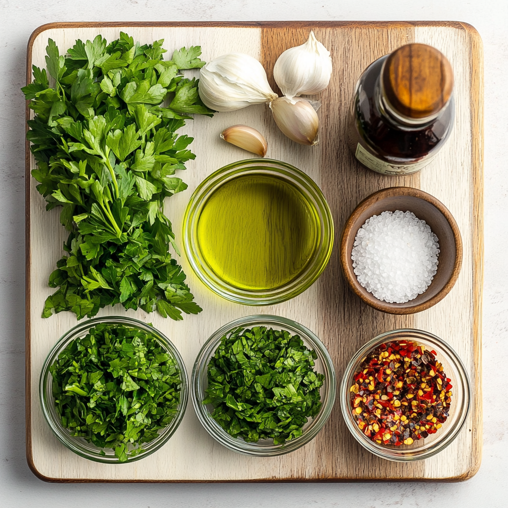 Mint chimichurri ingredients arranged on cutting board including fresh mint parsley garlic olive oil