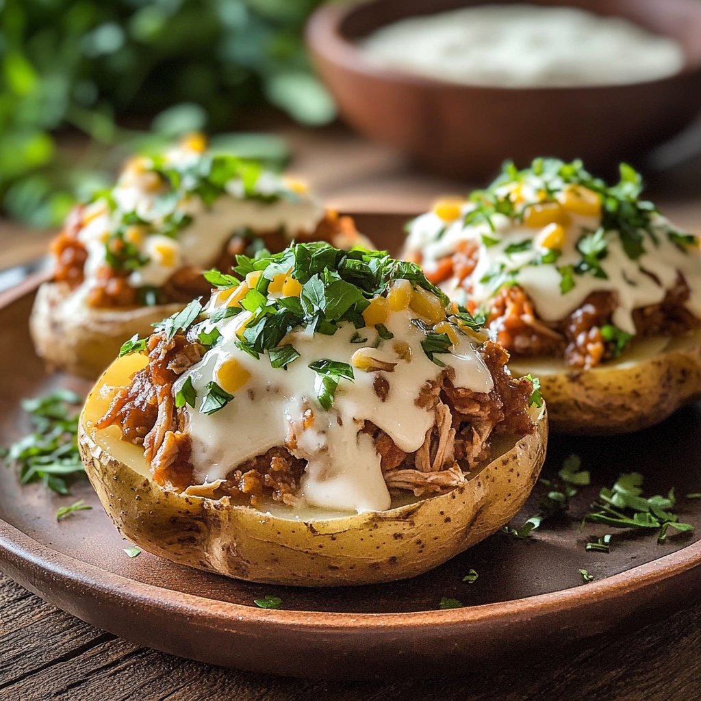Crockpot Shredded BBQ Chicken Baked Potatoes